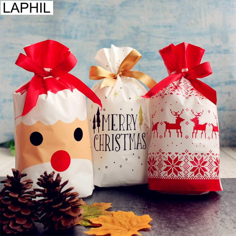 10pcs Merry Christmas Gift Bags Santa Claus Xmas Tree Packing Bags Happy New Year Christmas Candy Bags Navidad