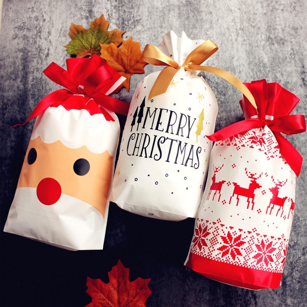 10pcs Merry Christmas Gift Bags Santa Claus Xmas Tree Packing Bags Happy New Year Christmas Candy Bags Navidad