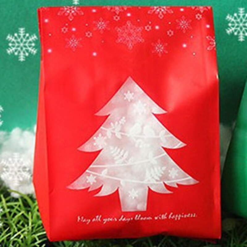 50pcs Red Green Merry Christmas Tree Snowflake Plastic Bag Candy Dessert Bags Wedding Christmas Party Kids Gift Bags Supplies